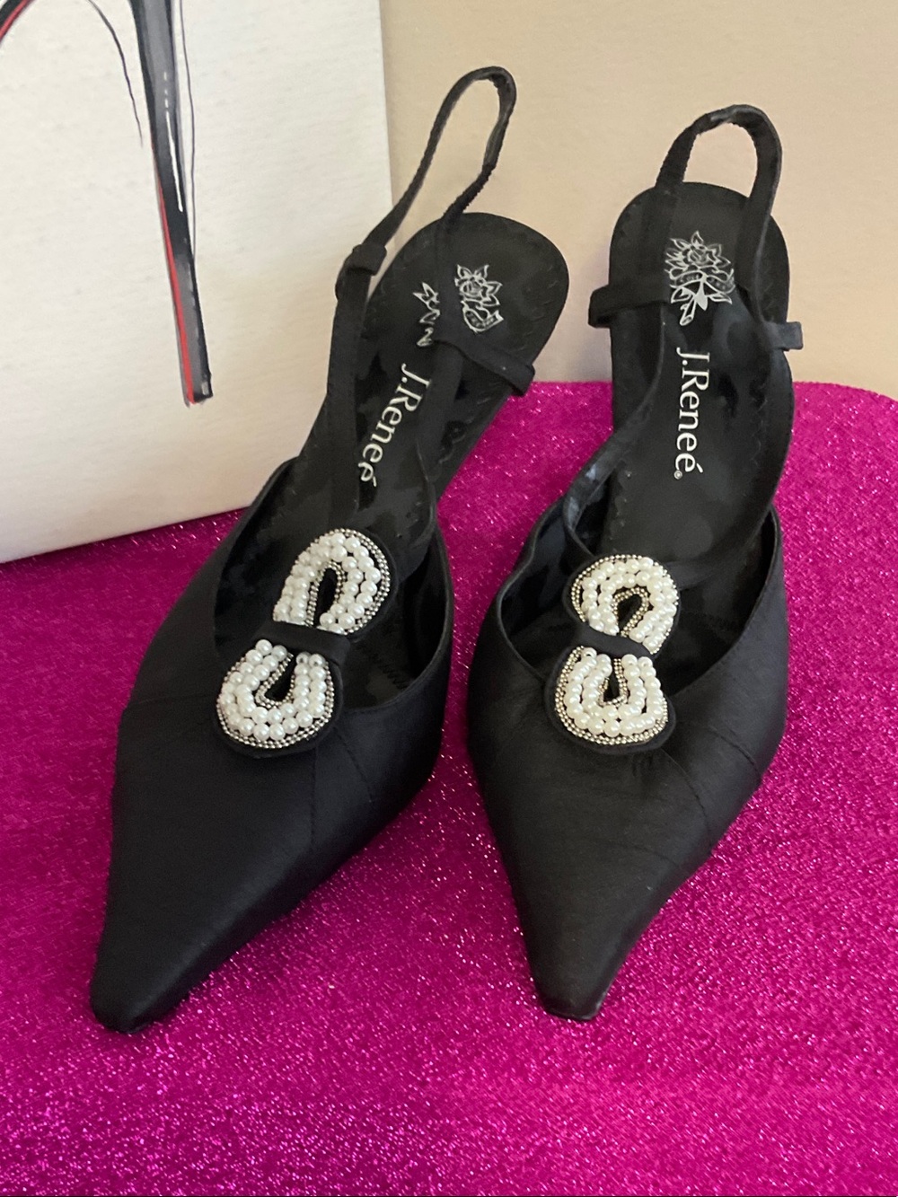 J.Renee Black Pointed Toe Slingback Mules with Pearl Beaded Accent